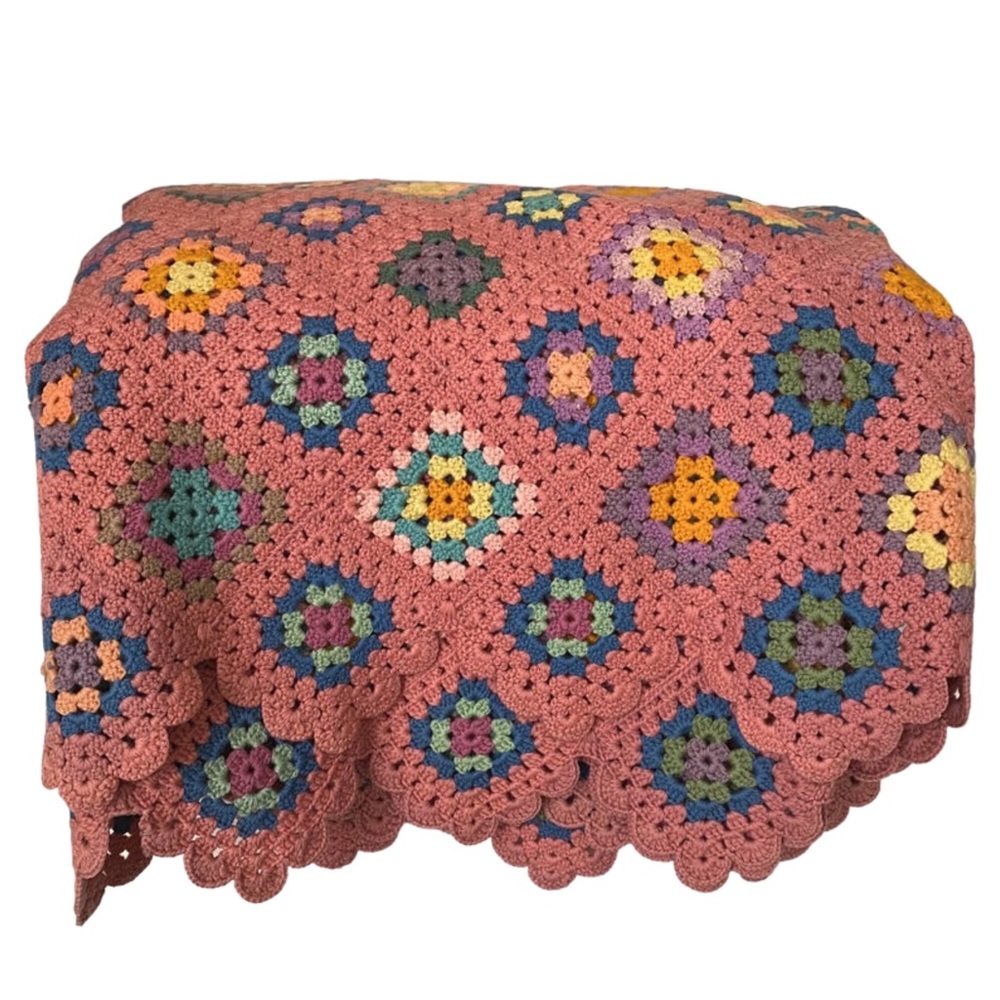 Vintage Handmade crochet dark pink with multicolor granny squares blanket